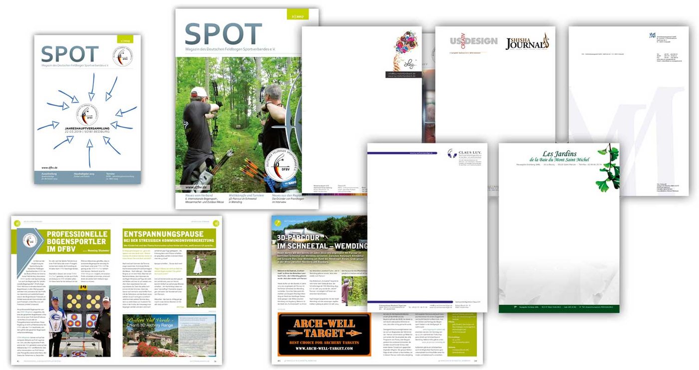 Print-Arbeiten: Magazin-Layout SPOT und Geschäftsausstattung im Corporate Design