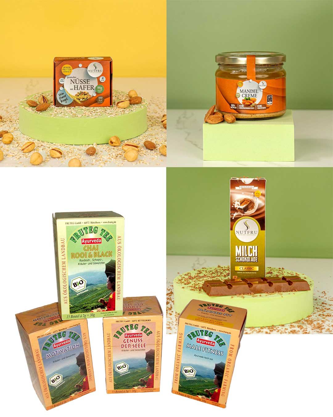 Verpackungsdesign für Bio-Lebensmittel: Tee, Nussmus und Schokolade